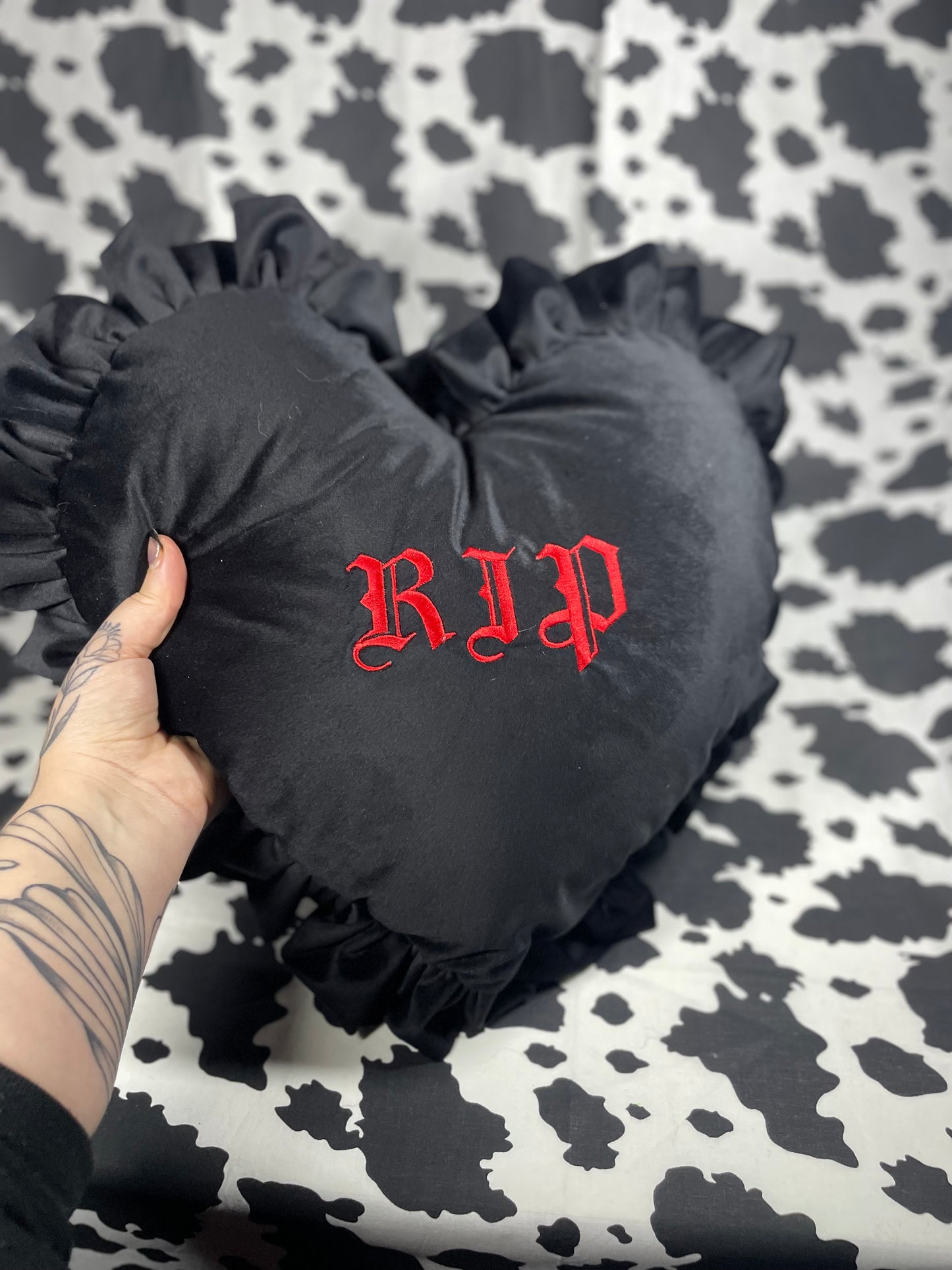 RIP Velvet Embroidered Heart Ruffle Cushion