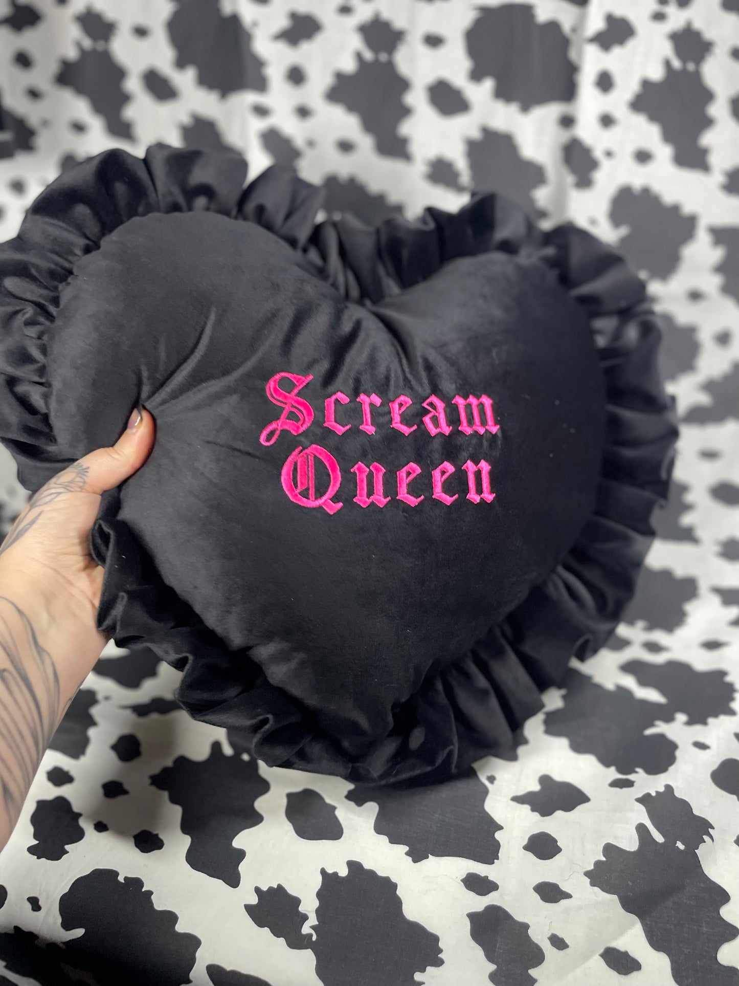 Scream Queen Velvet Embroidered Heart Ruffle Cushion