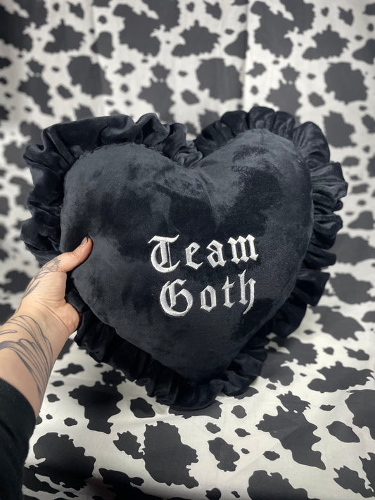 Team Goth Velvet Embroidered Heart Ruffle Cushion
