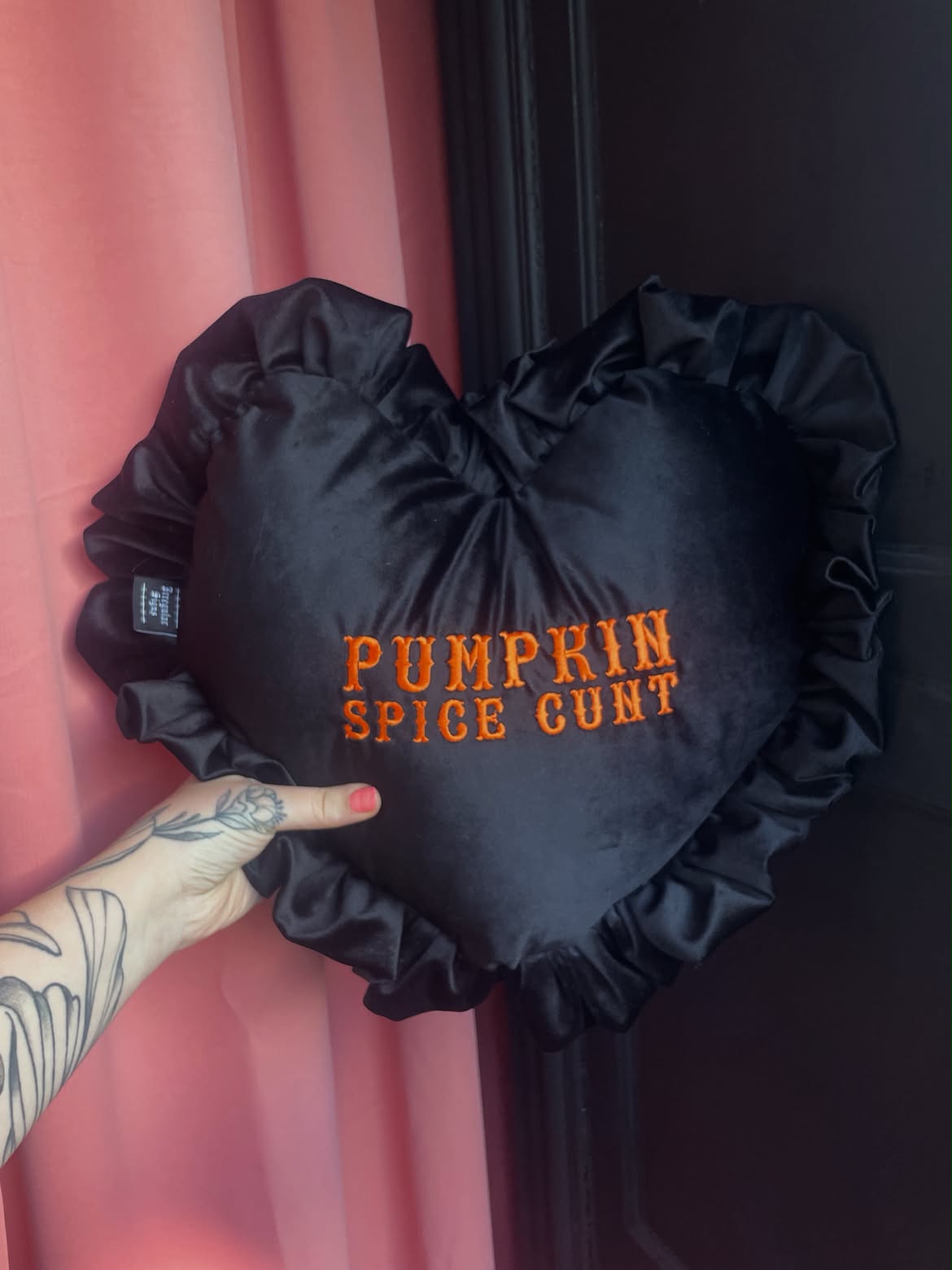 Pumpkin Spice Velvet Embroidered Heart Ruffle Cushion